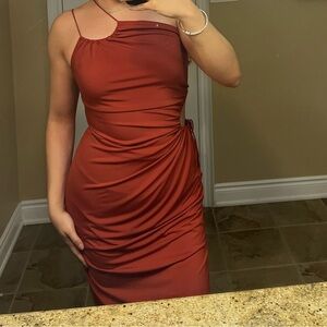 Sleek Burnt Orange Side cutout Asymmetric Ruched Dress